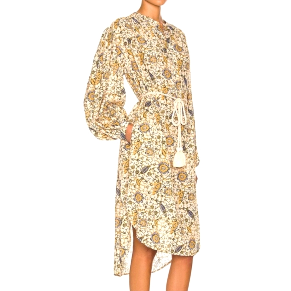 Ulla Johnson Blue and Cream Bishop Sleeve Dress